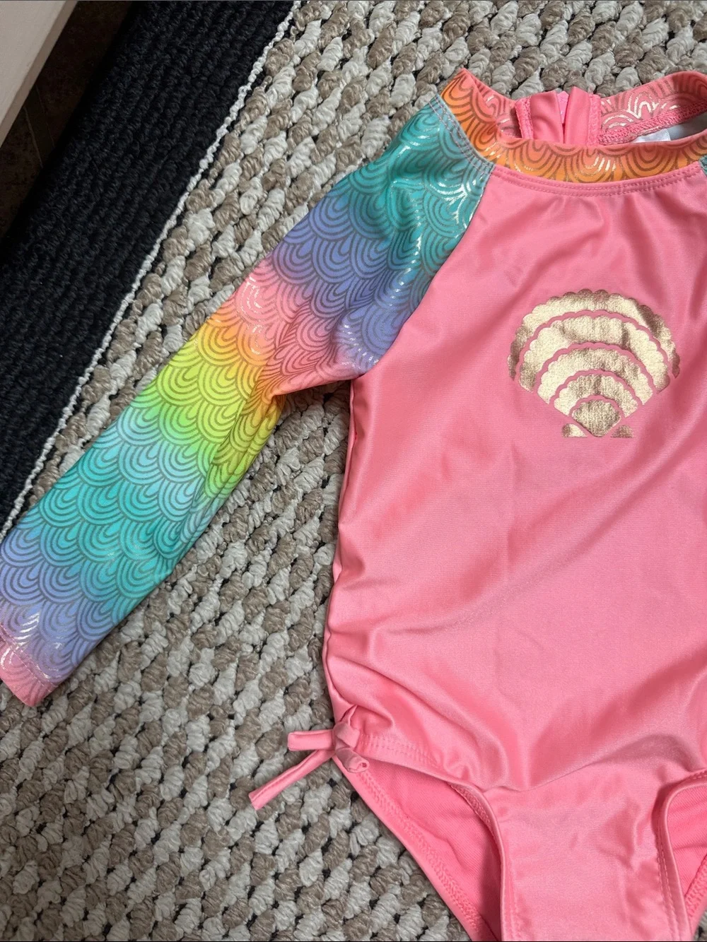 Cat & Jack Pink One-Piece Rash Guard Swimsuit with Rainbow Sleeves
